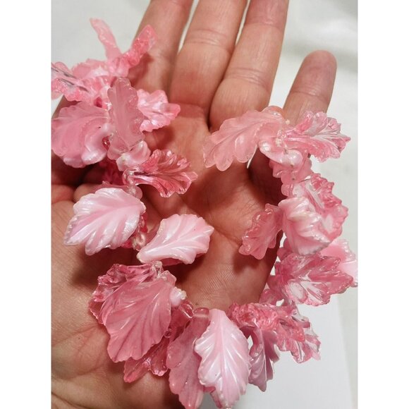 Pink Molded Lucite Leaf Frosted Bead Runway Couture Necklace 24”